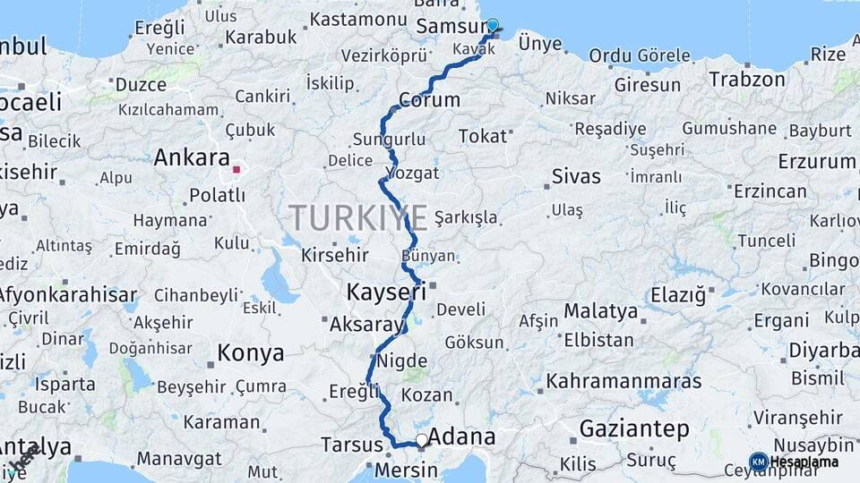 Samsun Atakum Adana Arası Kaç Km - Yol Haritası