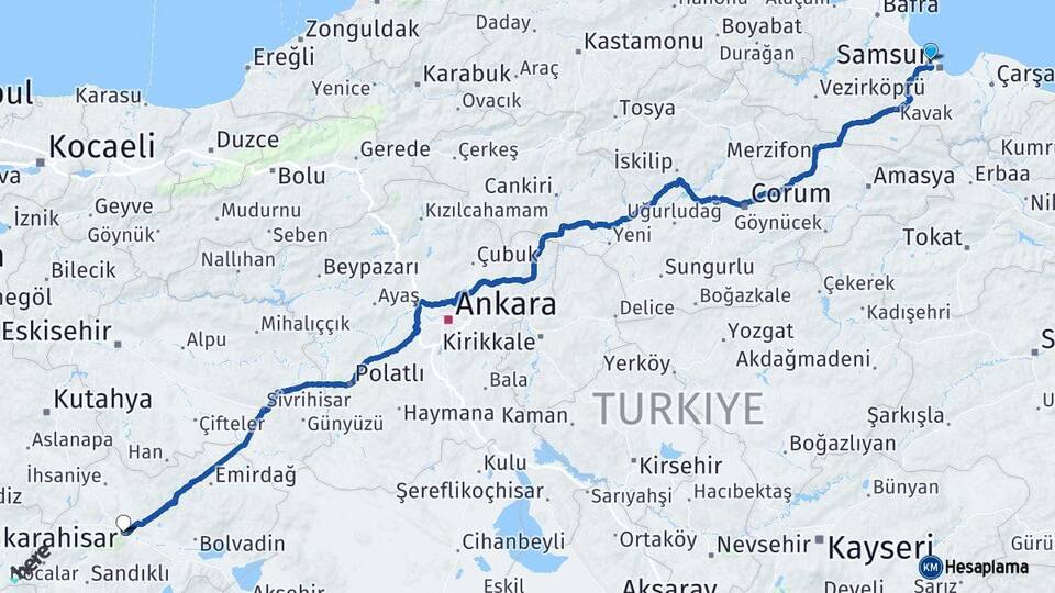 Samsun Atakum Afyonkarahisar Arası Kaç Km - Yol Haritası