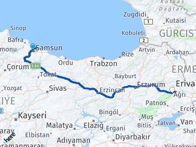 Samsun Atakum Ağrı Arası Kaç Km - Yol Haritası
