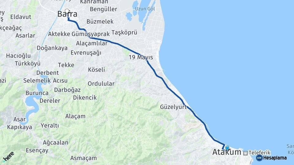 Samsun Atakum Bafra Arası Kaç Km - Yol Haritası