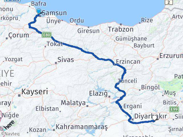 Samsun Atakum Batman Arası Kaç Km - Yol Haritası