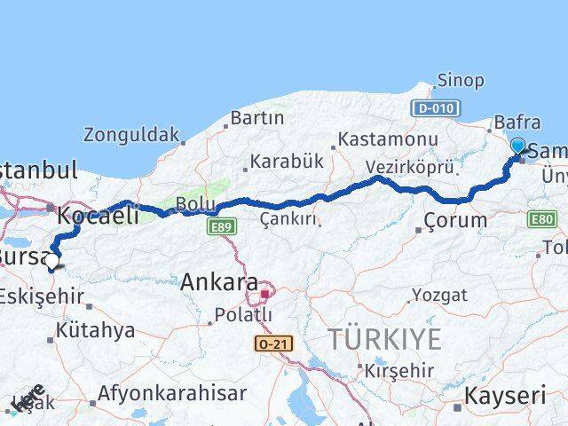 Samsun Atakum Bilecik Arası Kaç Km - Yol Haritası