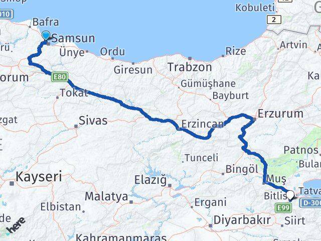 Samsun Atakum Bitlis Arası Kaç Km - Yol Haritası