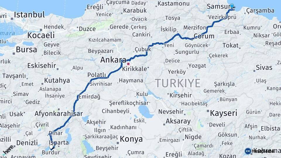 Samsun Atakum Burdur Arası Kaç Km - Yol Haritası