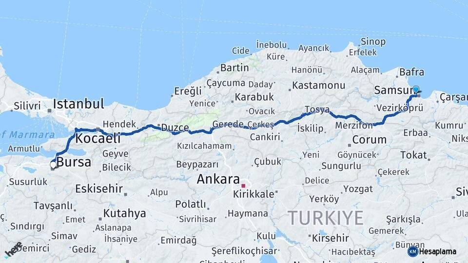 Samsun Atakum Bursa Arası Kaç Km - Yol Haritası
