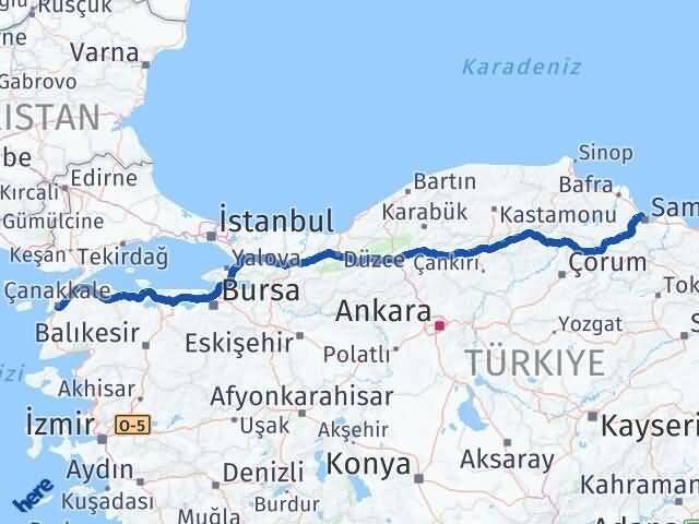 Samsun Atakum Çanakkale Arası Kaç Km - Yol Haritası