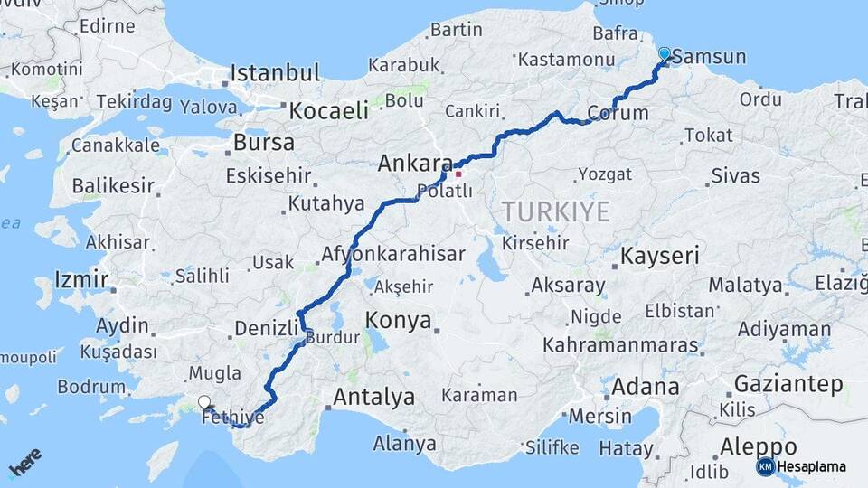 Samsun Atakum Dalyan Ortaca Muğla Arası Kaç Km - Yol Haritası