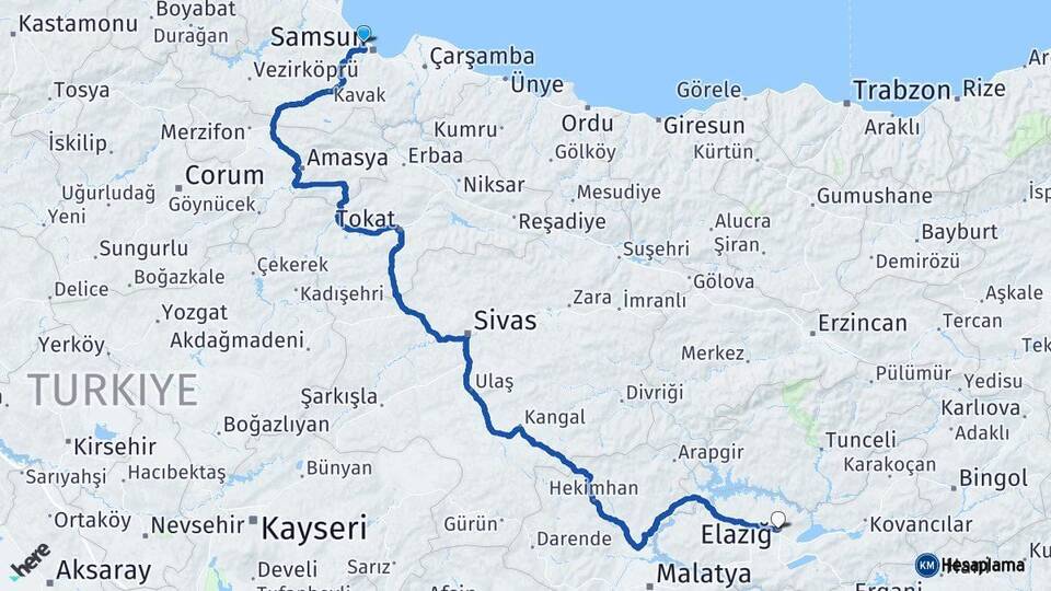 Samsun Atakum Elazığ Arası Kaç Km - Yol Haritası