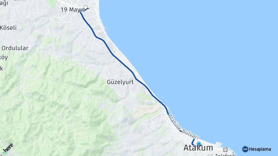 Samsun Atakum Engiz 19 Mayıs Arası Kaç Km - Yol Haritası