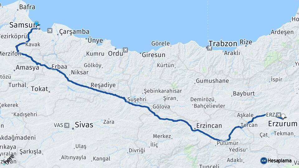 Samsun Atakum Erzurum Arası Kaç Km - Yol Haritası