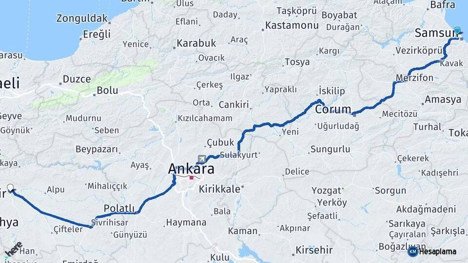 Samsun Atakum Eskişehir Arası Kaç Km - Yol Haritası