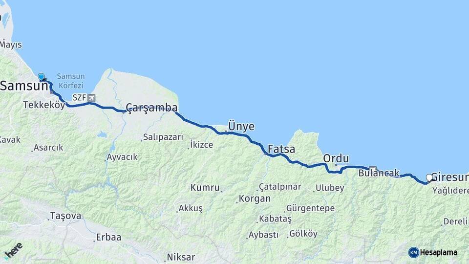 Samsun Atakum Giresun Arası Kaç Km - Yol Haritası