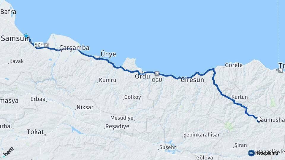 Samsun Atakum Gümüşhane Arası Kaç Km - Yol Haritası