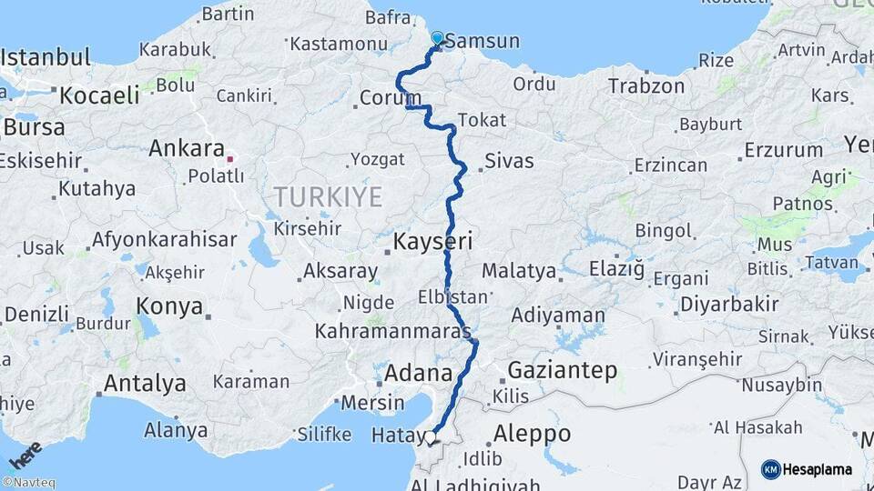 Samsun Atakum Hatay Arası Kaç Km - Yol Haritası