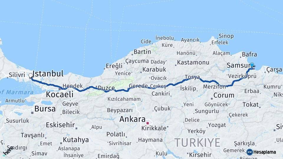Samsun Atakum İstanbul Arası Kaç Km - Yol Haritası