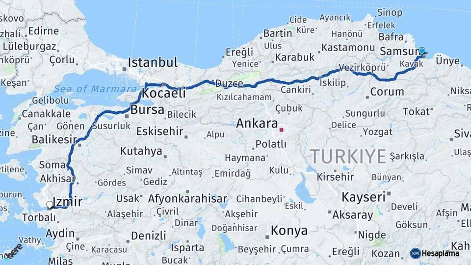 Samsun Atakum İzmir Arası Kaç Km - Yol Haritası
