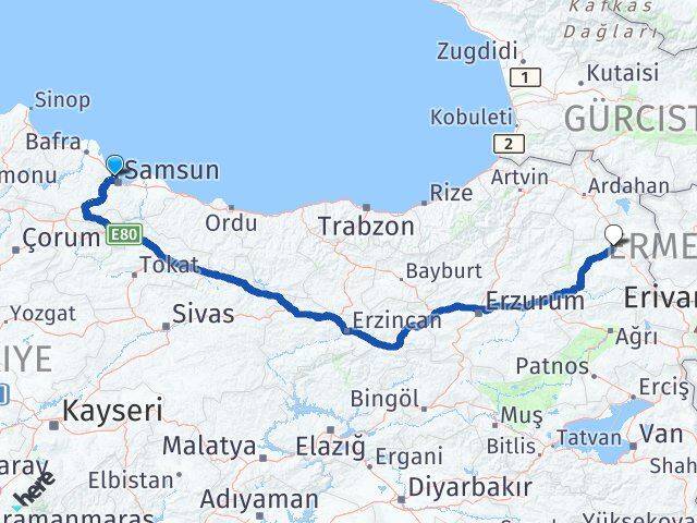 Samsun Atakum Kars Arası Kaç Km - Yol Haritası