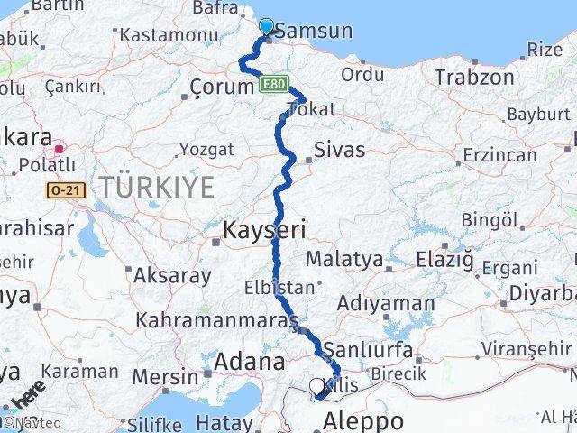 Samsun Atakum Kilis Arası Kaç Km - Yol Haritası