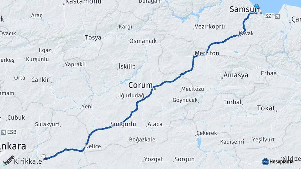 Samsun Atakum Kırıkkale Arası Kaç Km - Yol Haritası
