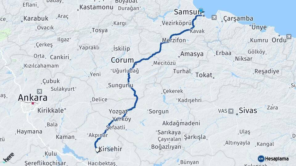 Samsun Atakum Kırşehir Arası Kaç Km - Yol Haritası