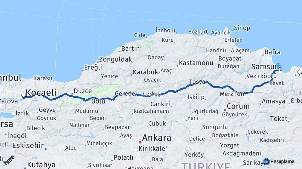 Samsun Atakum Kocaeli Arası Kaç Km - Yol Haritası