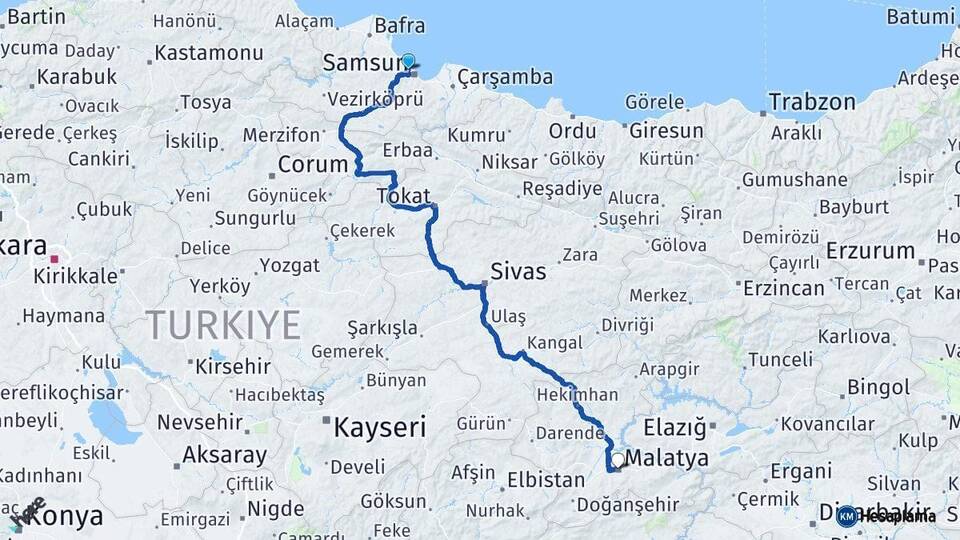 Samsun Atakum Malatya Arası Kaç Km - Yol Haritası