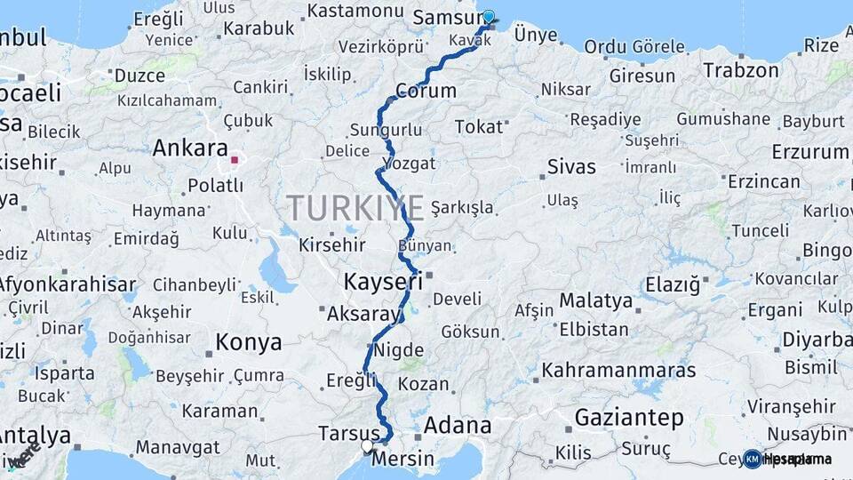 Samsun Atakum Mersin Arası Kaç Km - Yol Haritası