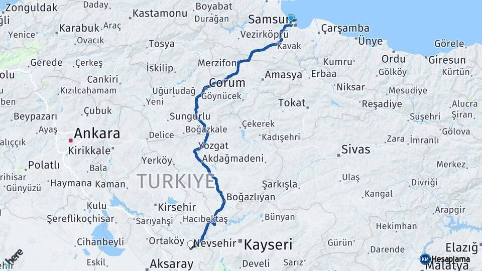 Samsun Atakum Nevşehir Arası Kaç Km - Yol Haritası