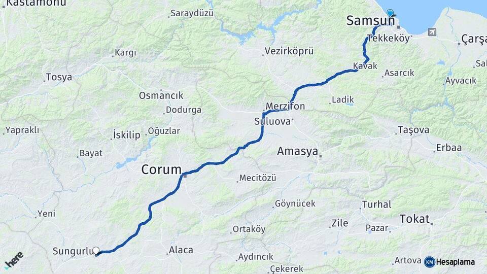 Samsun Atakum Sungurlu Çorum Arası Kaç Km - Yol Haritası