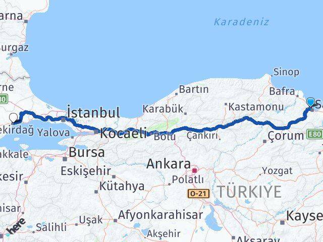 Samsun Atakum Tekirdağ Arası Kaç Km - Yol Haritası