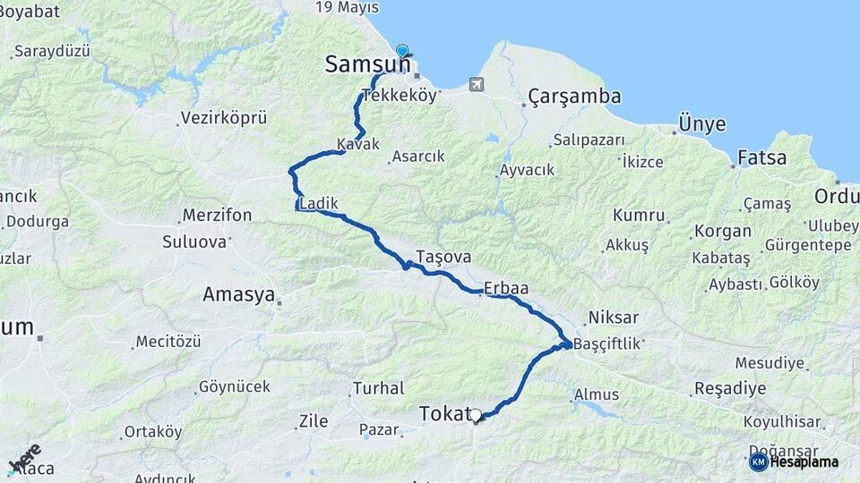 Samsun Atakum Tokat Arası Kaç Km - Yol Haritası
