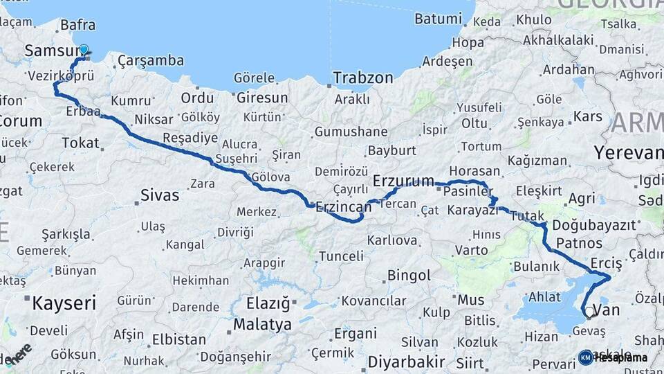 Samsun Atakum Van Arası Kaç Km - Yol Haritası