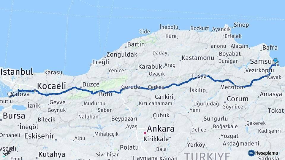 Samsun Atakum Yalova Arası Kaç Km - Yol Haritası