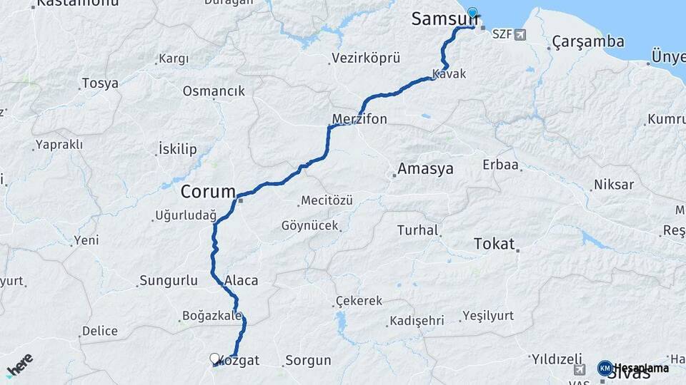 Samsun Atakum Yozgat Arası Kaç Km - Yol Haritası