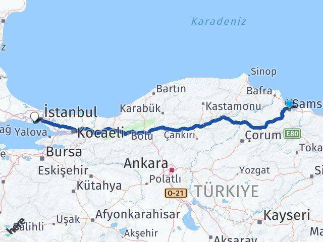 Samsun Atatürk Havalimanı Arası Kaç Km - Yol Haritası