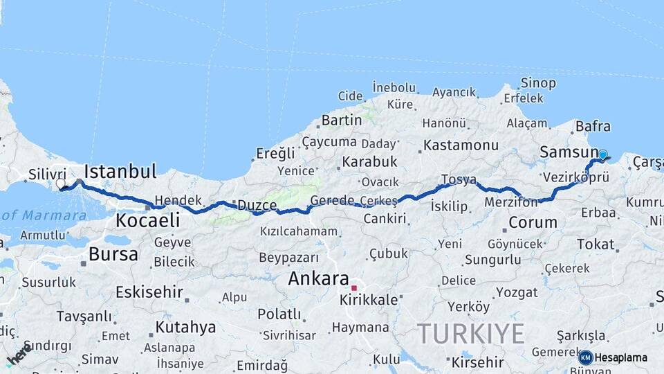 Samsun Avcılar İstanbul Arası Kaç Km - Yol Haritası