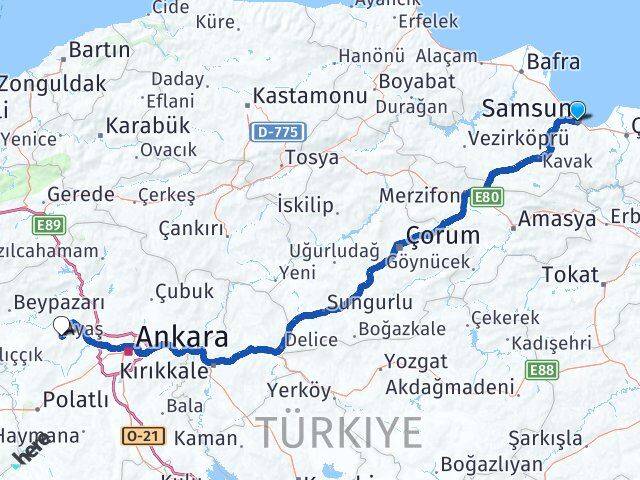 Samsun Ayaş Ankara Arası Kaç Km - Yol Haritası