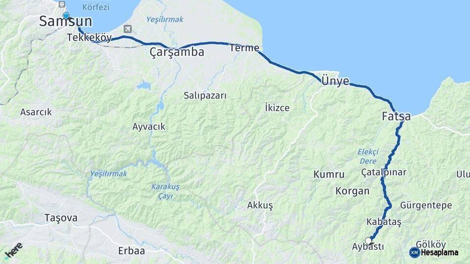 Samsun Aybastı Ordu Arası Kaç Km - Yol Haritası