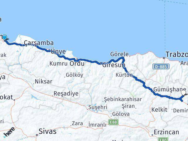 Samsun Aydıntepe Bayburt Arası Kaç Km - Yol Haritası