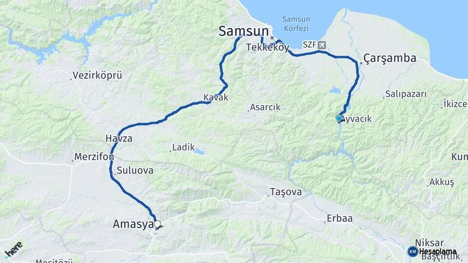 Samsun Ayvacık Amasya Arası Kaç Km - Yol Haritası