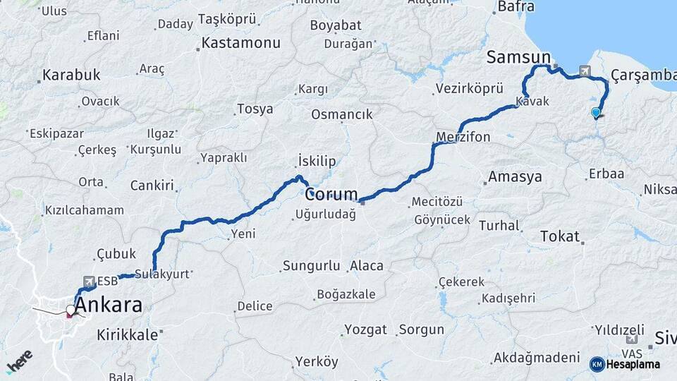 Samsun Ayvacık Ankara Arası Kaç Km - Yol Haritası