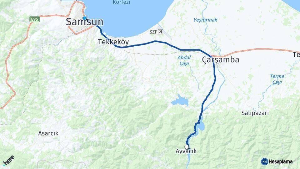 Samsun Ayvacık Arası Kaç Km - Yol Haritası