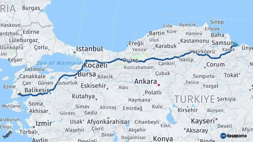 Samsun Ayvacık Çanakkale Arası Kaç Km - Yol Haritası