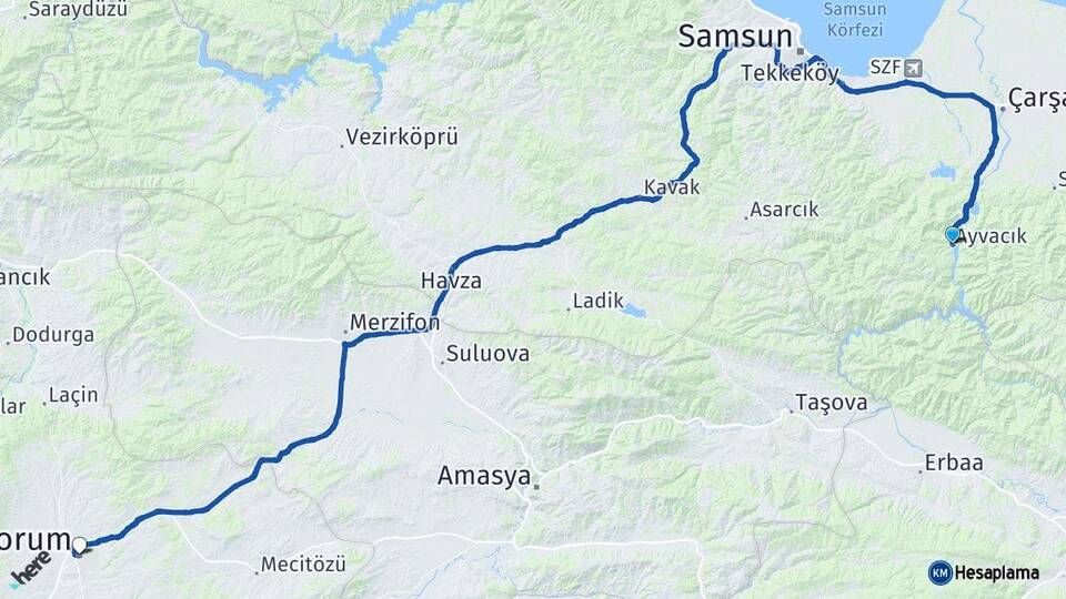 Samsun Ayvacık Çorum Arası Kaç Km - Yol Haritası