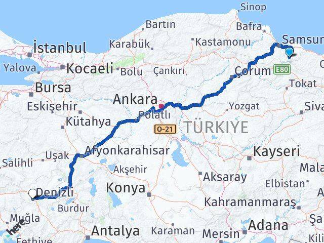 Samsun Ayvacık Denizli Arası Kaç Km - Yol Haritası