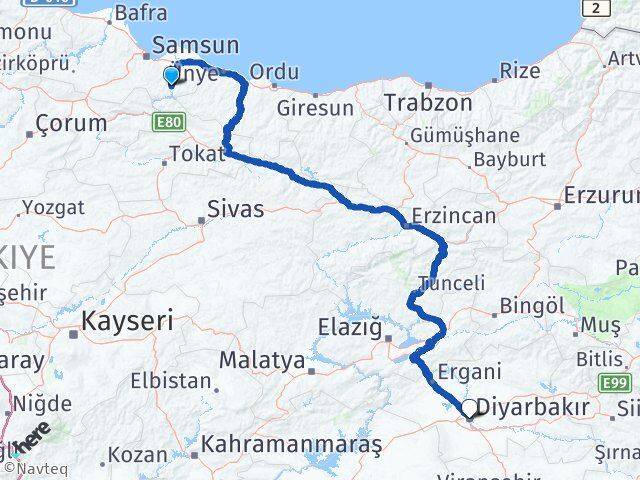 Samsun Ayvacık Diyarbakır Arası Kaç Km - Yol Haritası