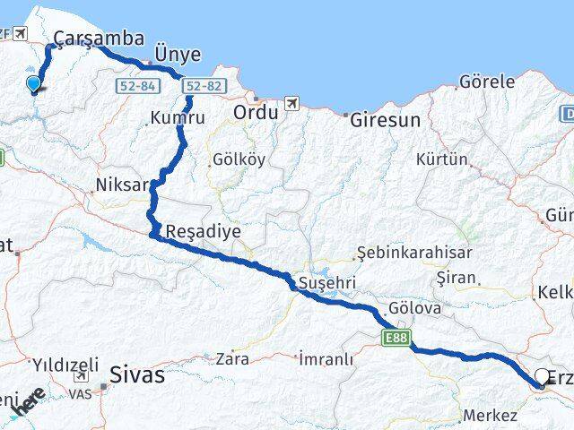 Samsun Ayvacık Erzincan Arası Kaç Km - Yol Haritası