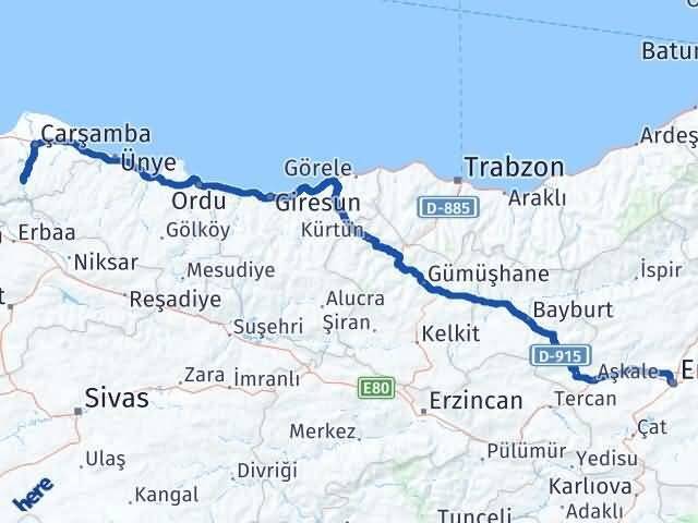 Samsun Ayvacık Erzurum Arası Kaç Km - Yol Haritası