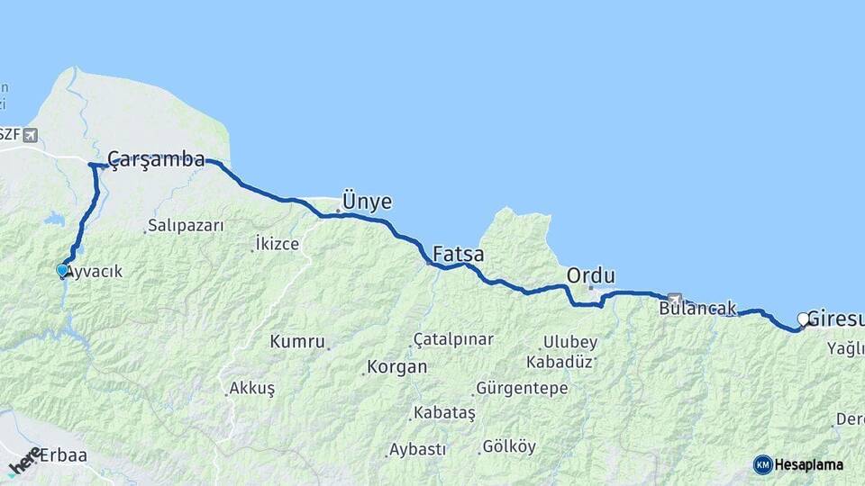 Samsun Ayvacık Giresun Arası Kaç Km - Yol Haritası