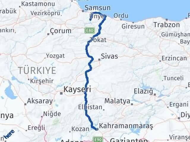 Samsun Ayvacık Kahramanmaraş Arası Kaç Km - Yol Haritası